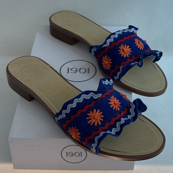 New In Box 1901 Asfaine-Lea Blue Suede Ruffled Sandals/Slides - Picture 1 of 10
